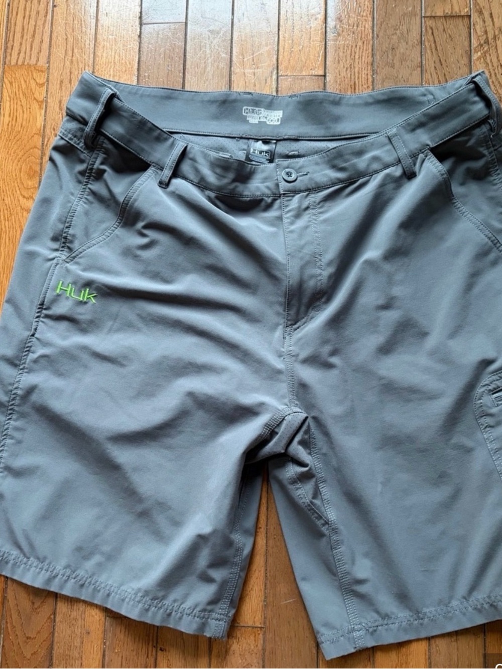 Huk Men's Gray Hybrid Shorts with Lime Stitch Logo